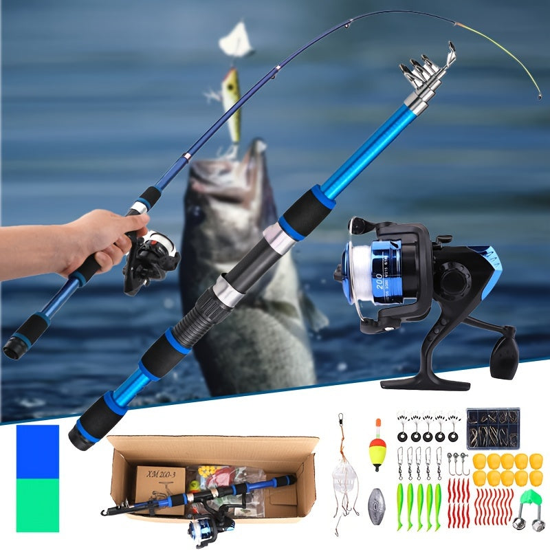 Complete Fishing Tackle Set with Rod, Reel, Line, Soft Baits, and Hooks, Fast Action, Ambidextrous, for Freshwater and Saltwater Fishing - Beginner Angler Outdoor Gift, Blue/Green