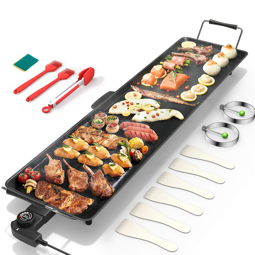 35-Inch Nonstick Electric Grill & Iron Plate BBQ Rack – Adjustable Temperature Drip Tray Long Countertop Grill for Indoor & Outdoor Pancake Baking with Luxury Gift Package