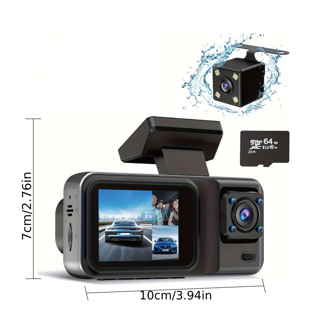 3-Channel Dash Cam Front, Rear & Inside 1080P+1080P+1440P – Free 64GB SD Card, Super Night Vision, Loop Recording, G-Sensor, Motion Detection & 24-Hour Parking Mode