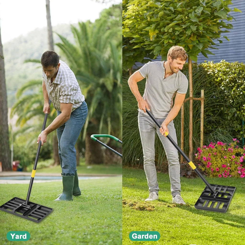 Lawn Leveling Rake - 17x10" Heavy Duty Metal Lawn Leveler, Foldable Head, Adjustable Ergonomic Handle for Yard, Garden & Golf Course - 5FT & 6FT - Yellow