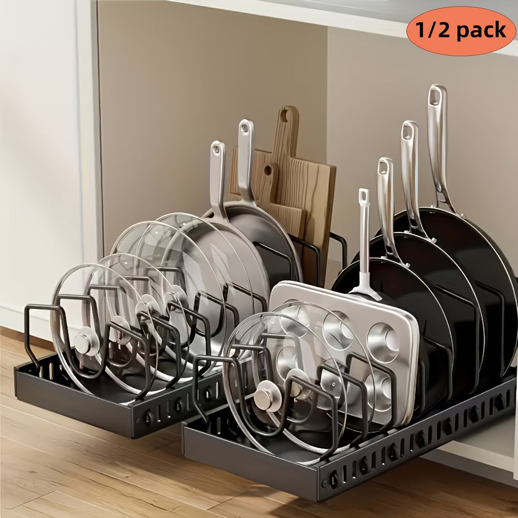 Pull-Out Pot & Pan Organizer Rack for Under Cabinet – Slide-Out Lid Holder with 8 Adjustable Compartments, Drill-Free Installation, Kitchen Cabinet Cookware & Baking Sheet Organizer – 1pc or 2pcs