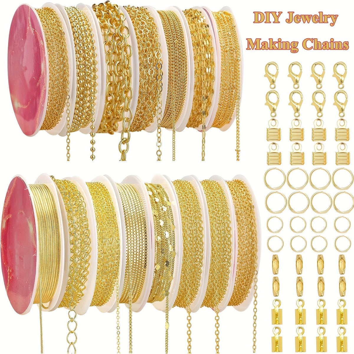 304 Stainless Steel Chain Jewelry Making Kit 10 or 15 Rolls 74-75 Feet with Lobster Clasp and Toggle Clasp Set for DIY Bracelets, Necklaces, Anklets, and Handmade Jewelry Supplies (Gold, Rose Gold)