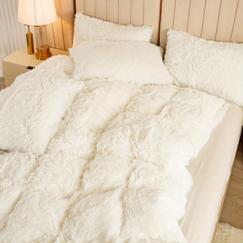 Plush Duvet Cover Set 3 Piece, Long Hair Knitted Polyester, Solid Color Fuzzy Comforter Cover with Zipper Closure, All-Season Soft Cozy Bedding Set for Bedroom, Multiple Colors Available