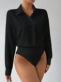 Women's Long Sleeve Solid Color Lapel Button-Up Snap Crotch Bodysuit Stretchy Fitted Turtleneck Blouse