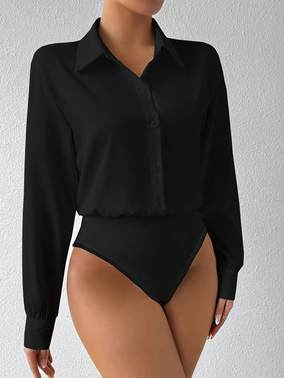 Women's Long Sleeve Solid Color Lapel Button-Up Snap Crotch Bodysuit Stretchy Fitted Turtleneck Blouse