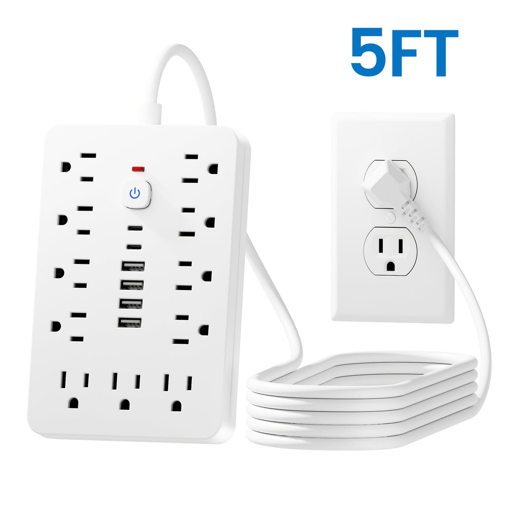 防雷防涌排插 11个AC插孔 | 4个USB-A & 2个USB-C端口，过载保护，短线/5英尺/10英尺延长线 – 家用、办公、桌面及校园多插口电源排插 – 白色 & 黑色
