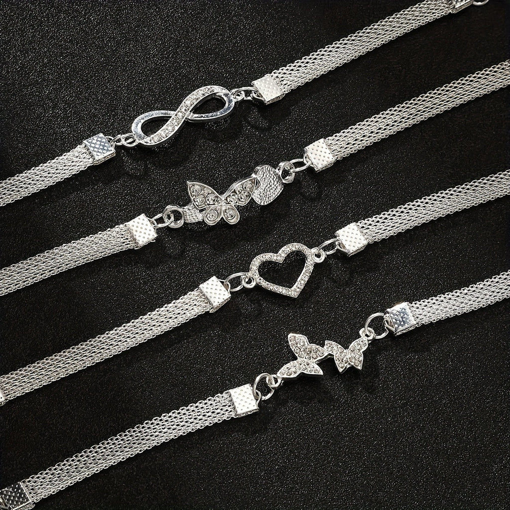 925 Silver Butterfly Infinity Anklet Set (4pcs) – Stackable Foot Chain Bracelet for Women, Elegant Summer Jewelry, Mother's Day & Birthday Gift