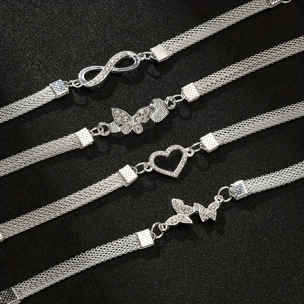 925 Silver Butterfly Infinity Anklet Set (4pcs) – Stackable Foot Chain Bracelet for Women, Elegant Summer Jewelry, Mother's Day & Birthday Gift