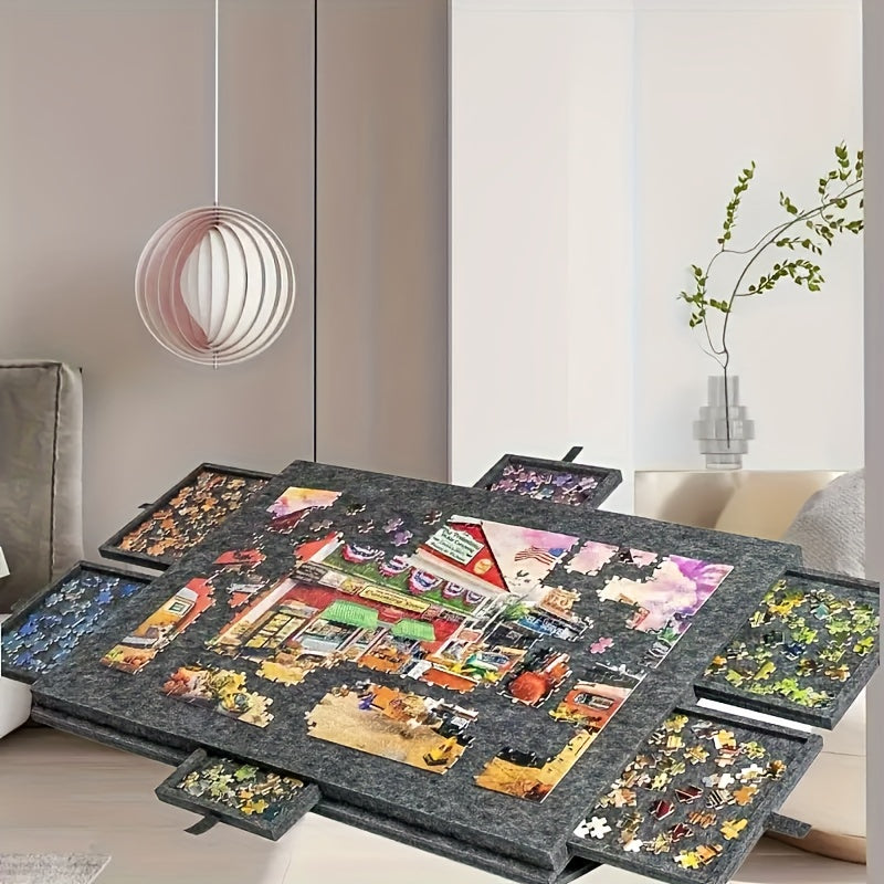 1000-Piece Puzzle Table, 2-in-1 Tilting Design with Stand, Lid & 6 Drawers, Ultralight Portable Puzzle Board for Adults, Ergonomic Jigsaw Puzzle Accessory Gift for Puzzle Lovers – Natural & Grey
