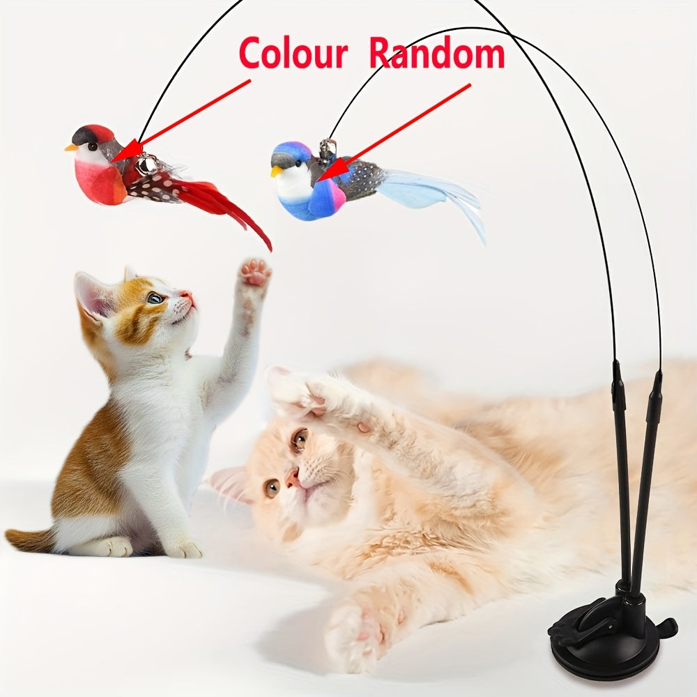 Interactive Cat Feather Bird Teaser Toy with Suction Cup Base – Hands-Free Dual-Rod Cat Wand Toy, Battery-Free Indoor & Outdoor Cat Toy, Non-Toxic Polyester, 2 Artificial Birds Included, Mixed Colors