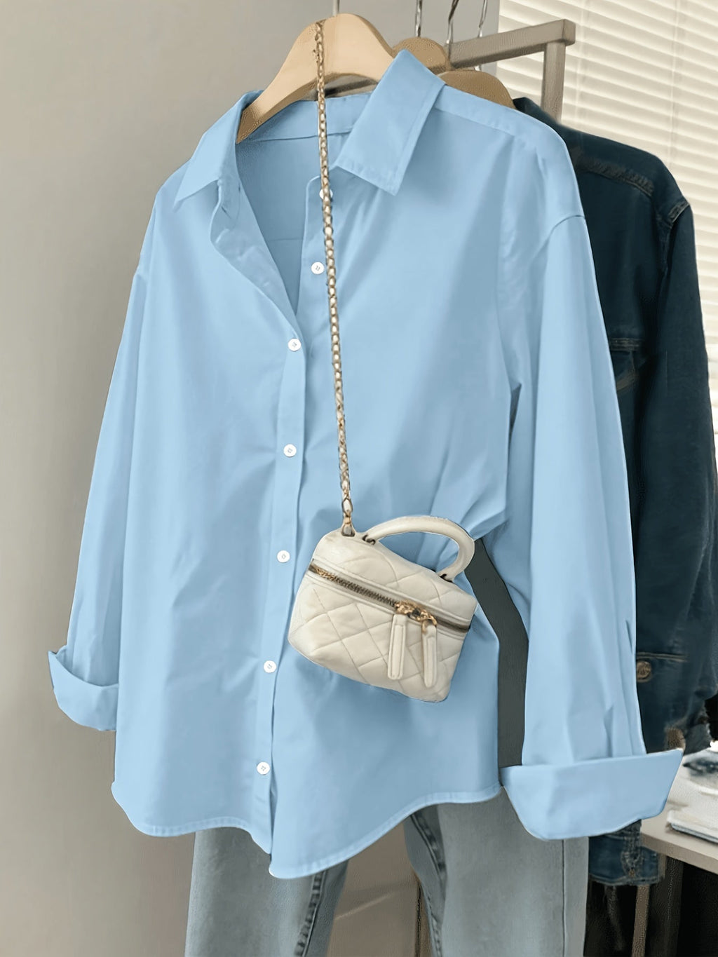 Women's Long Sleeve Button Down Shirt Solid Color Casual Loose Fit Blouse Top Classic Collar Office Work Shirt