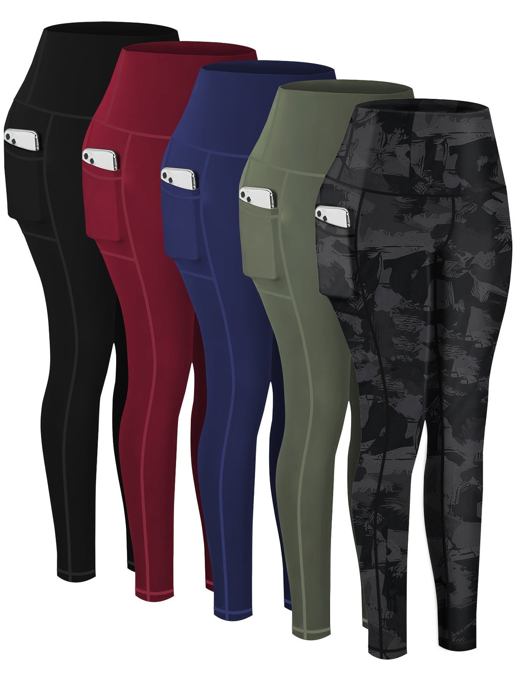 5-Piece Women's Printed Compression Yoga Pants – 7/8 Length Fitness Running Leggings with Leopard, Camo & Solid Patterns, High-Waist Athletic Tracksuit Bottoms for Gym Workout, S-XXL