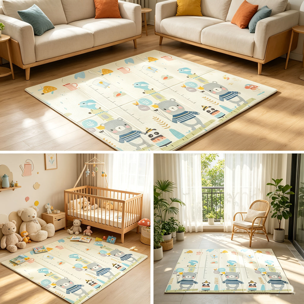 Baby Crawling Mat Non-Toxic Odorless Easy to Clean Space-Saving 47x47 Inch for Indoor Crawling Outdoor Picnic – Bear Party Design