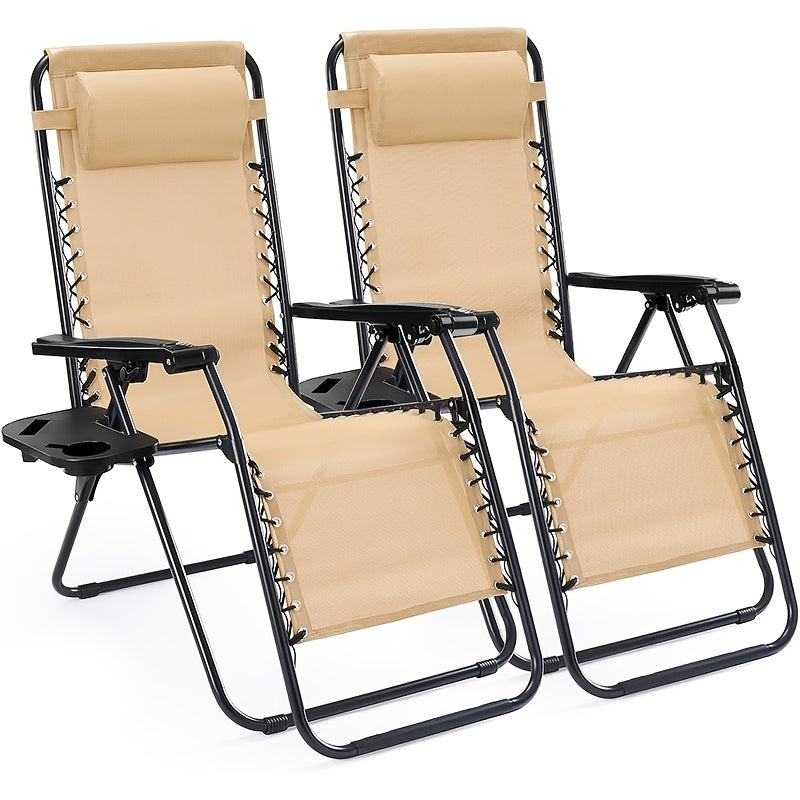 2-Pack Zero Gravity Chairs – Breathable Fabric Adjustable Reclining Outdoor Lounge Chair with Cup Holder Tray & Headrest Pillow for Beach Camping Poolside Backyard & Garden in Black Blue Grey & Khaki
