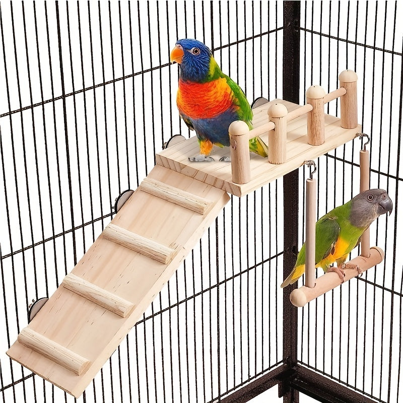 Wood Bird Perch Swing with Climbing Ladder - Multi-Level Radiata Pine Cage Gym Platform for Parrots, Lovebirds, Cockatiels, Chinchillas, and Hamsters - Bird Play Stand, Ladder, Swing, and Cage Accessory