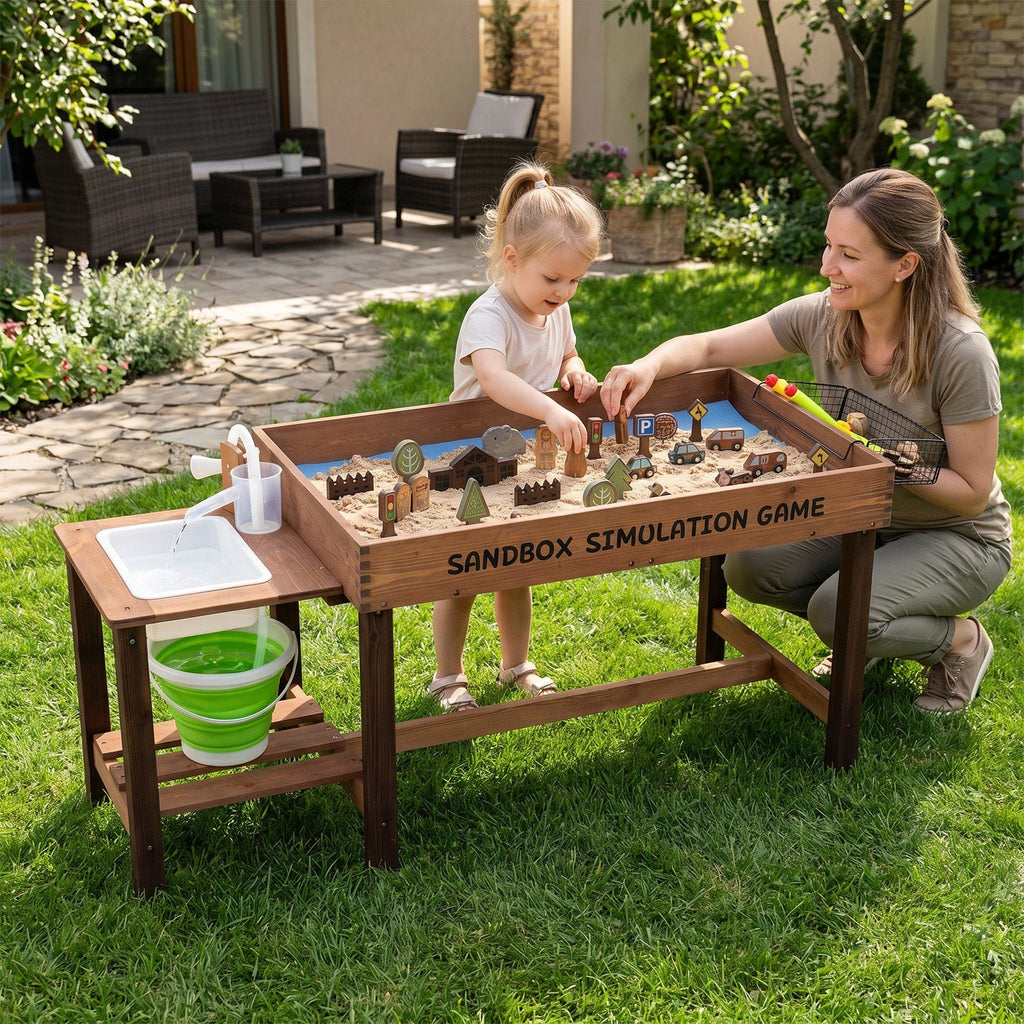 Kids Wood Sensory Sand and Water Activity Table with Sink Water Pump, 33 Sand Toys, Rake, Shovel - Indoor Outdoor Sandcastle Building Toddler Learning Sensory Play Gift for Boys Girls Ages 3+