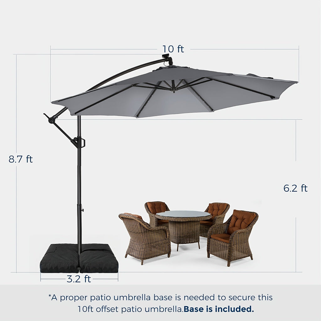 10ft Solar LED Offset Cantilever Patio Umbrella with Base, UPF50+ UV Protection, 32 LED Lights, 8-Rib Steel Frame, Easy Tilt & Crank, Wind-Resistant, for Garden Deck Backyard Pool