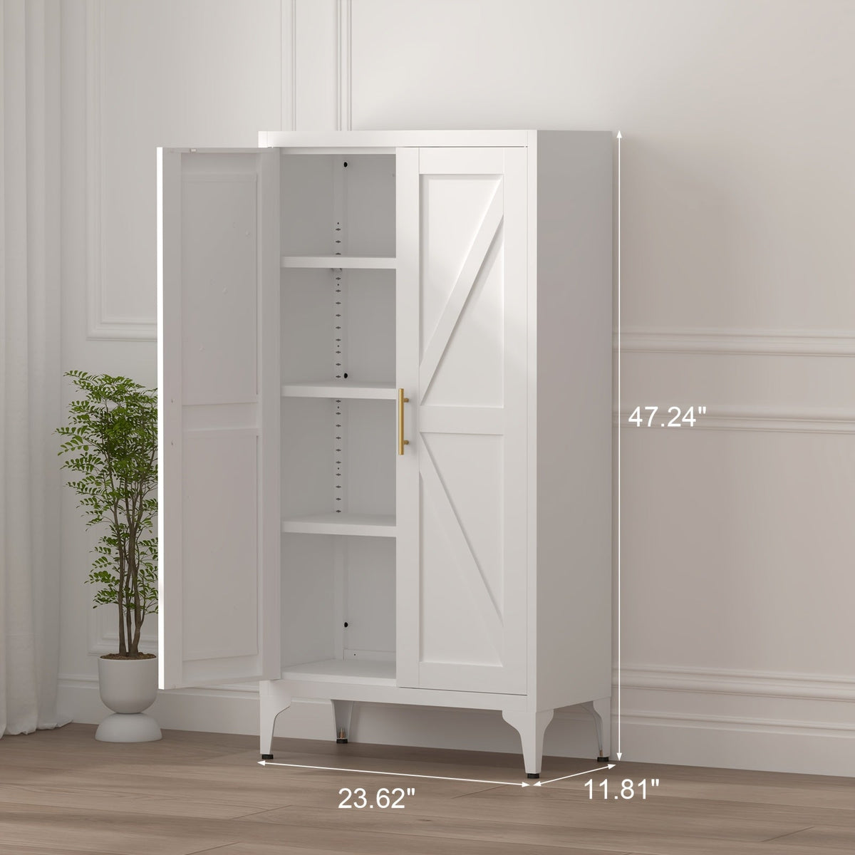 Tall Metal Kitchen Pantry Cabinet 47 71 Inch Freestanding Storage Cabinet 4 Adjustable Shelves 180LB per Shelf Magnetic Doors Gold Handles for Kitchen Living Room Bedroom Office Black White