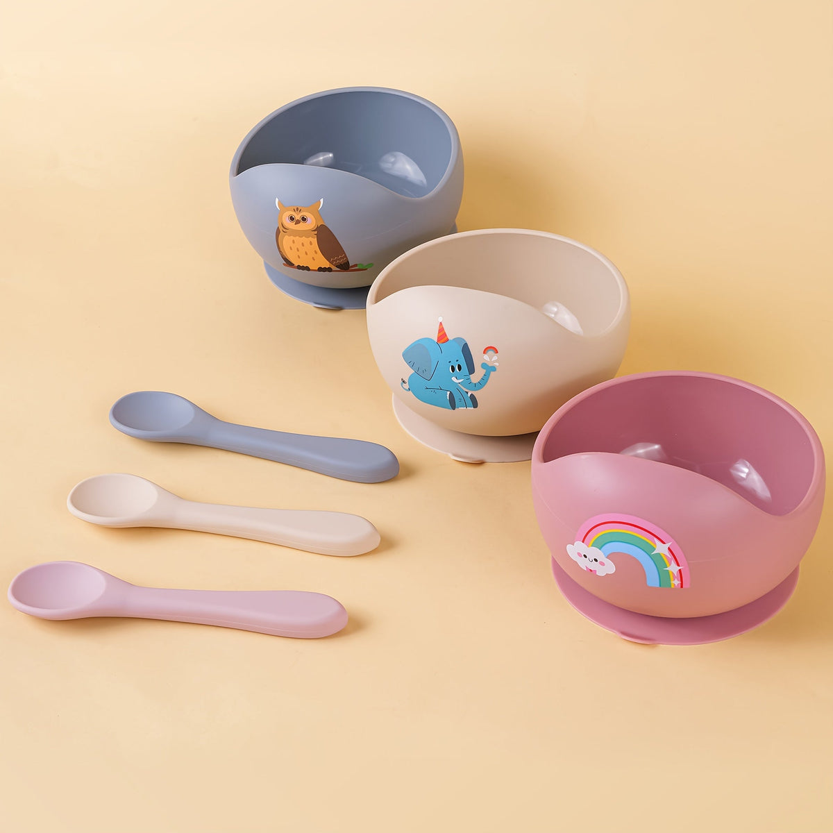 TYRY.HU Baby Suction Bowl with Spoon, 2-Piece First Stage Self-Feeding Set for Baby Led Weaning, Cute Designs Including Rainbow Elephant & Owl