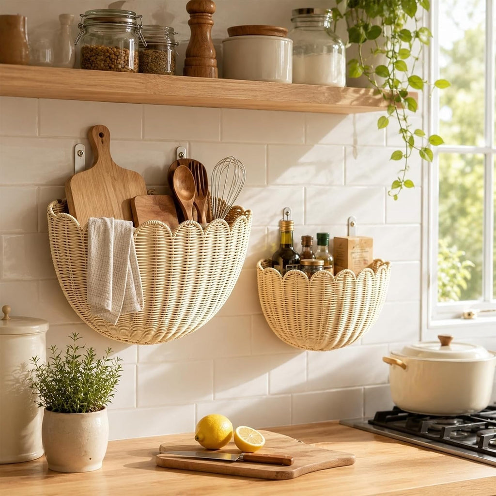 2-Piece Scalloped Hanging Wicker Wall Basket Set Hand Woven Rattan Wall Storage & Decor 16×12×7 & 14×8×6 In – Home Bathroom Kitchen & Living Room