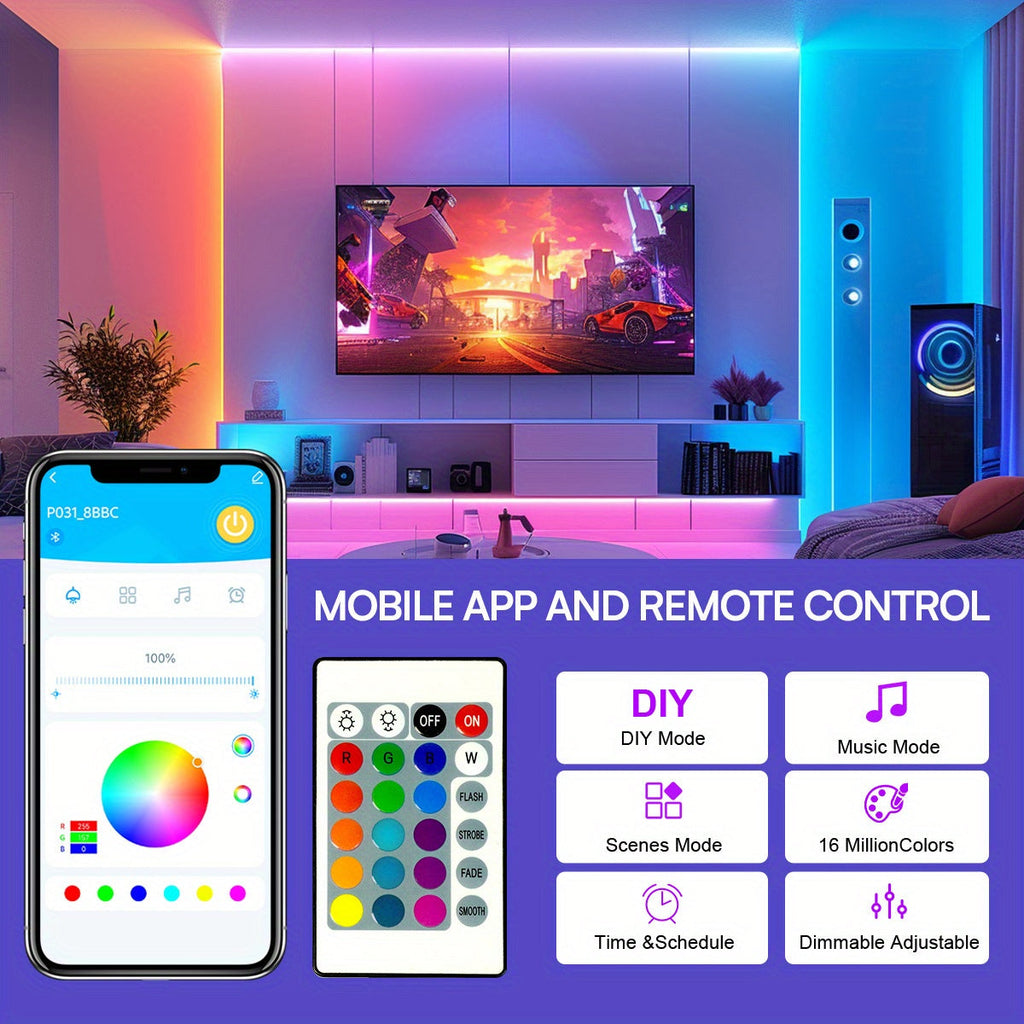 RGB LED Strip Lights Music Sync, 25FT 50FT 60FT 65FT 100FT Color Changing LED Lights with Remote & Smart APP Control, USB Powered, for Bedroom, Gaming Room, Party, Halloween, Christmas, and Home Decoration