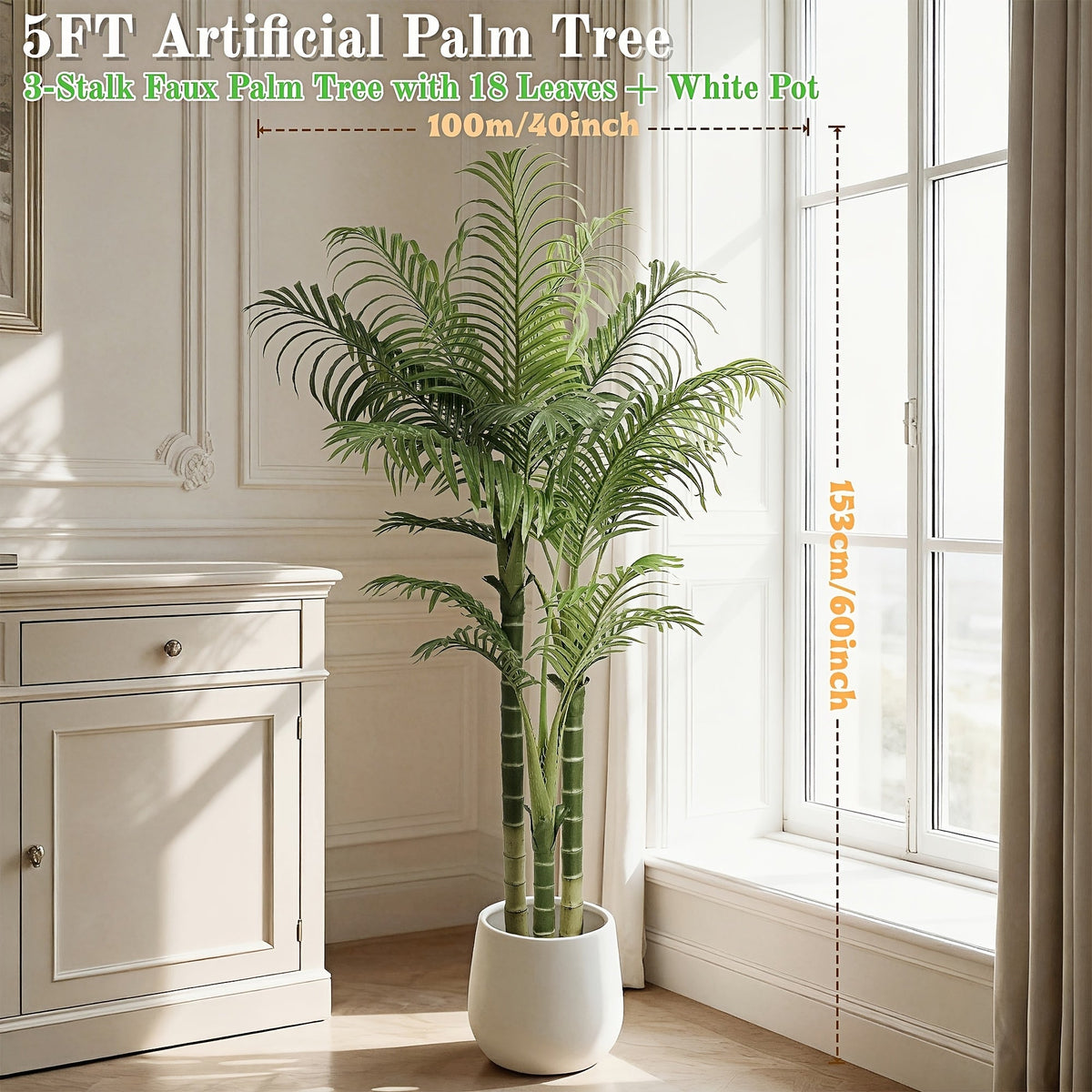 Artificial Palm Tree 4/5/6ft – UV-Resistant Faux Areca Palm with Realistic Dense Leaves & Black or White Planter Option for Living Room Patio Office Commercial Decor