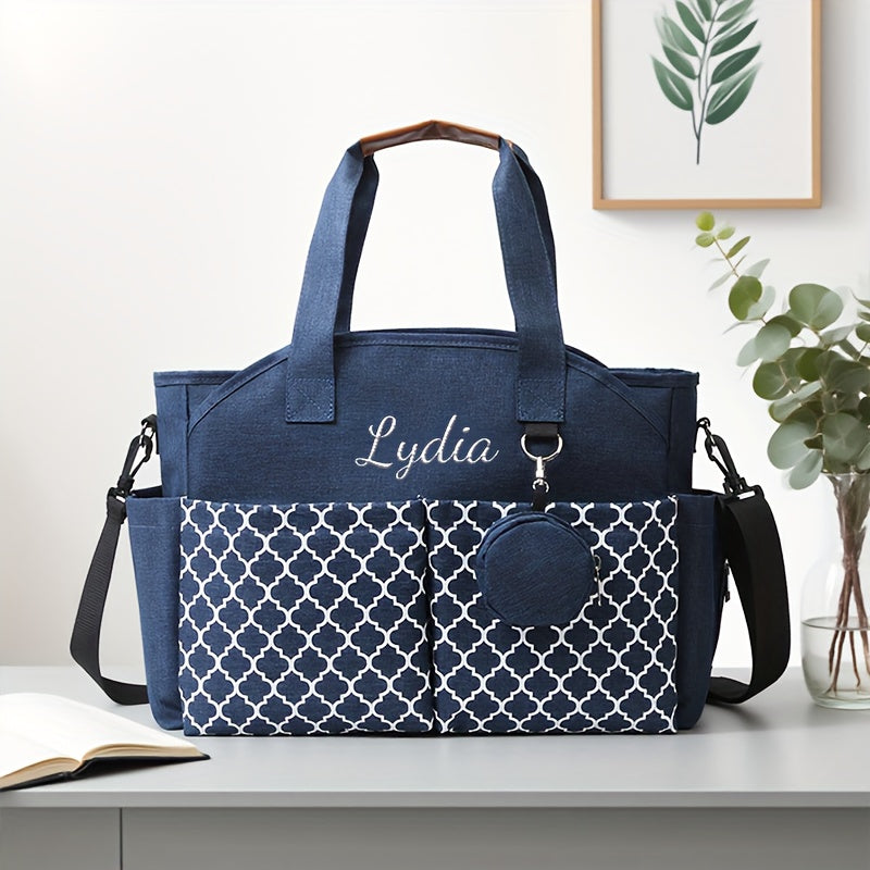 2-in-1 Custom Embroidered Diaper Bag, Personalized Alphabet Quilted Handheld & Crossbody Travel Bag for Mom & Dad, 4 Font Styles, Navy Blue & Grey