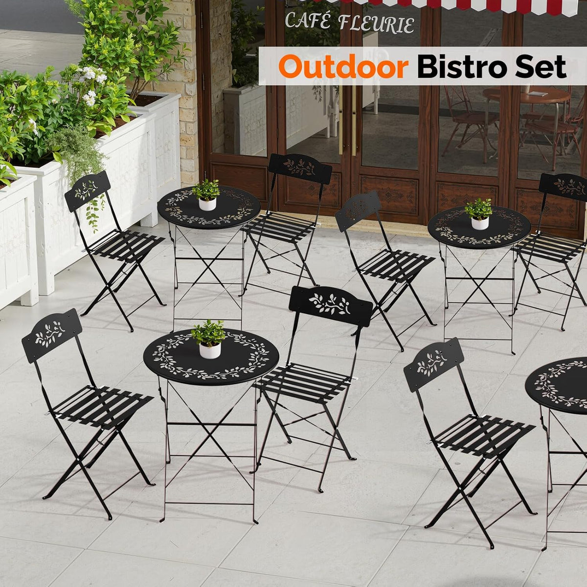 3-Piece Outdoor Folding Bistro Set, Bistro Table & 2 Chairs, Olive Leaf Cutout Design, Cushions Included, Foldable Patio Furniture, for Balcony, Garden, Porch & Yard, Pink/Black/Green/Yellow