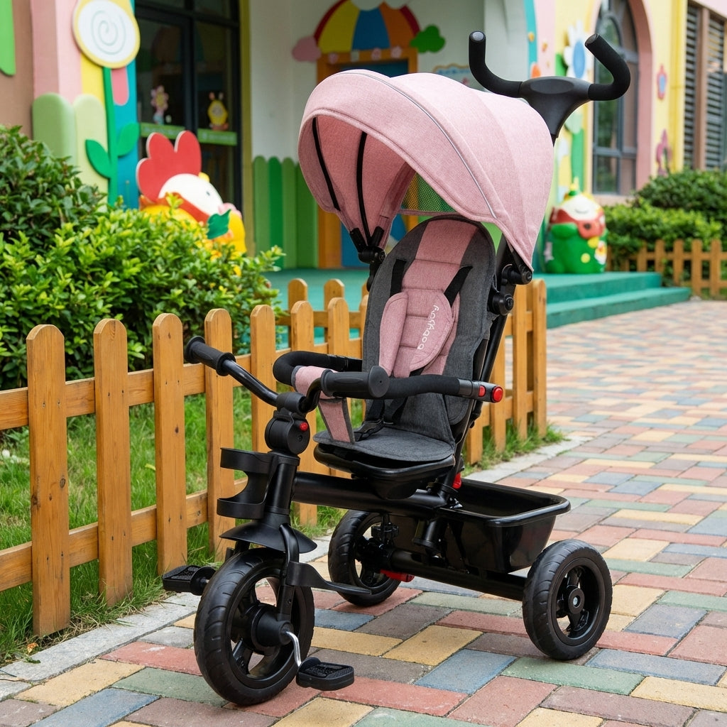 4-in-1 Toddler Tricycle with Adjustable Push Handle & Convertible Seat, Removable Canopy, Safety Harness & Storage Basket - Baby Push Trike for Kids 18 to 60 Months, Pink Ride-On Bike Gift for Girls