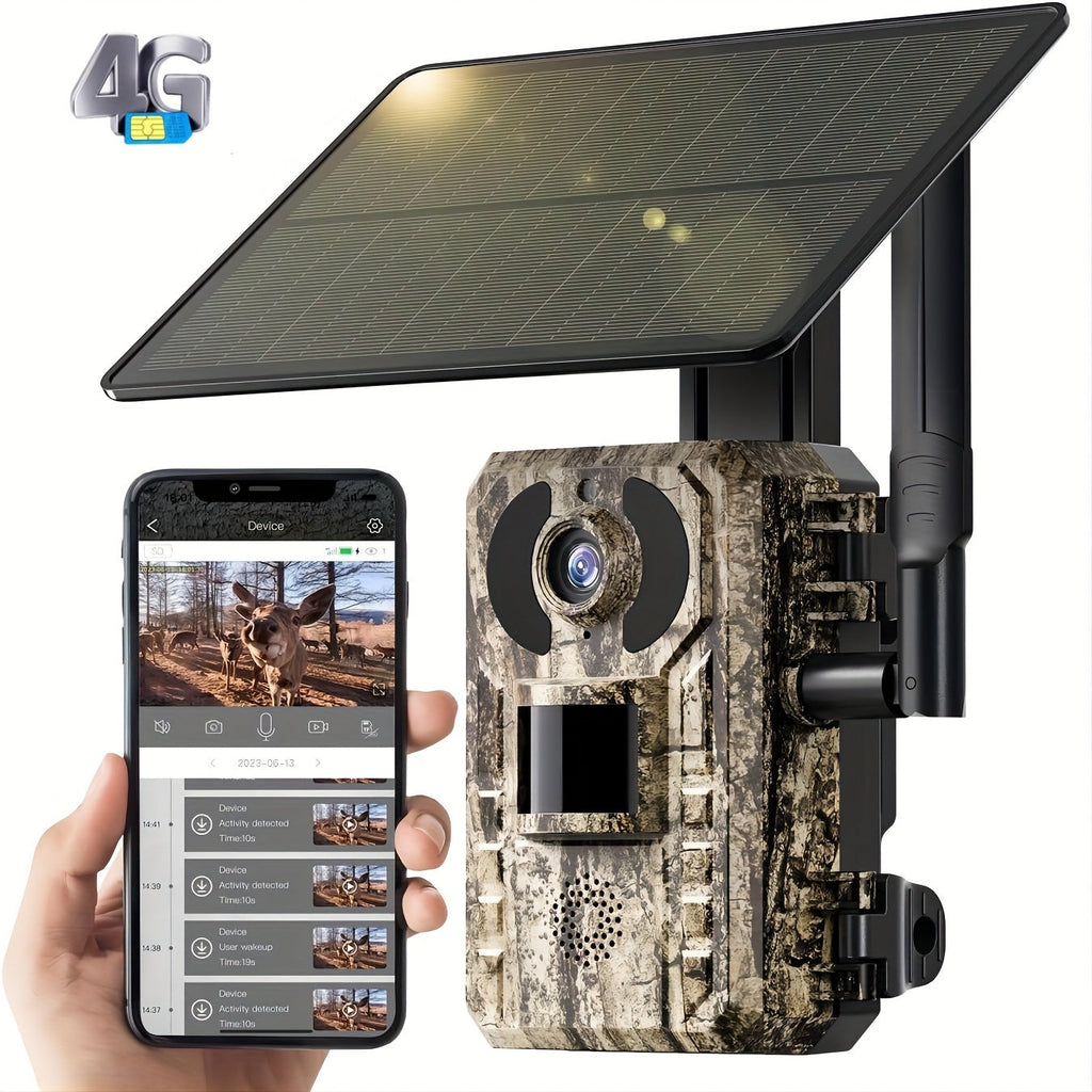 4G LTE Solar Trail Camera – 4K Live Video Remote Viewing, 82ft HD Night Vision, 0.2s Trigger Speed, Built-in SIM Card, IP65 Waterproof, No WiFi Required, Hunting Wildlife Camera, 1 pc / 4 pcs