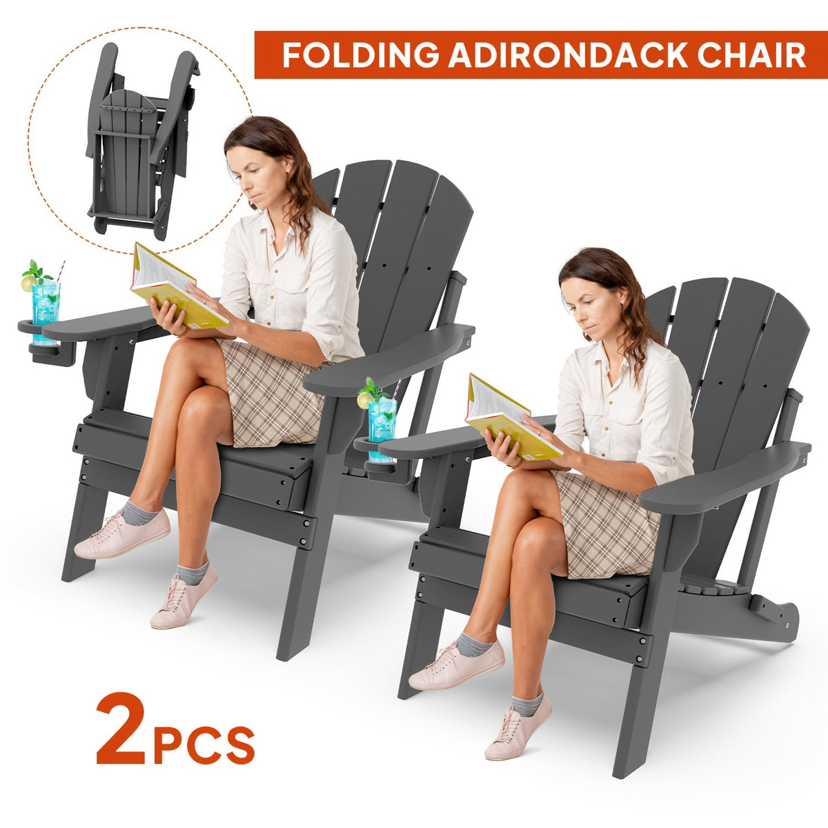 Folding Adirondack Chair with Cup Holder Portable Recliner Stainless Steel Frame Durable Plastic Easy Clean for Patio Poolside Garden Camping Set of 1 2 4 6