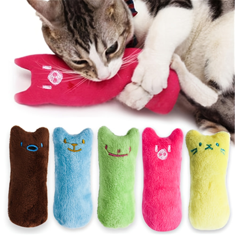 Cat Squeaky Plush Pillow Teaser Toy - Interactive Cat Design Stuffed Kicker Toy with Squeaker for Cats and Kittens, Solo Play Boredom Buster, No Battery Required, Available in 6 Colors: Green, Yellow, Pink, Blue, and Coffee