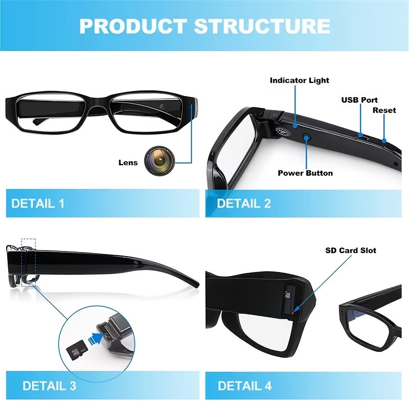 1080P HD Video Glasses Camera with TF Card Slot – Portable Digital Recorder, USB Powered, Plug and Play, for Sports, Outdoor Activities & Meetings, Includes 32GB TF Card