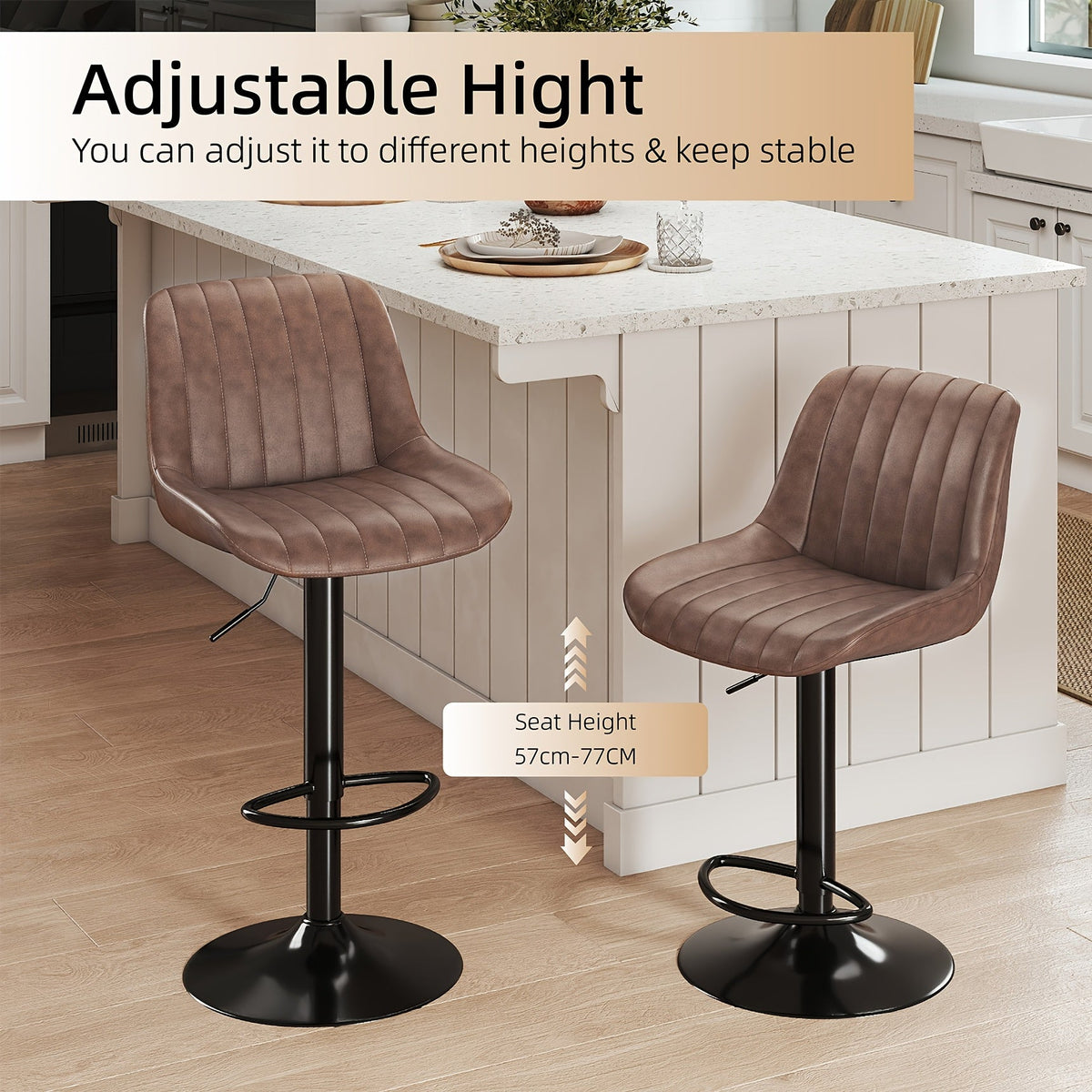 Bar Stools Set of 2/3/4, Adjustable Height Swivel Bar Chairs with Backrest & Footrest, PU Leather Ergonomic Kitchen Island Stools, Non-Slip Base, Easy Assembly, Modern Armless Counter Stools