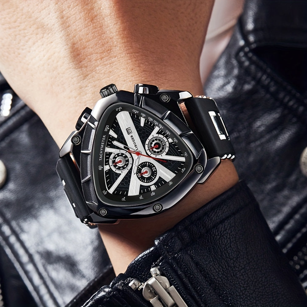 2pcs Men's Watch Set: Sports Triangle Dial Silicone Strap and Retro Square Dial Quartz Watch with Date Display, Casual Dress Watches for Valentine's Day or Father's Day Gift