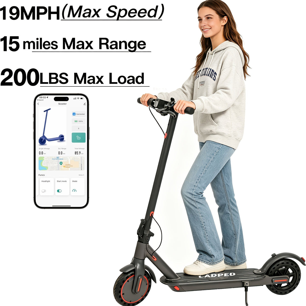Electric Scooter for Adults, 350W/500W Motor Foldable E-Scooter, 19MPH Top Speed, 19-Mile Long Range, Anti-Skid Solid Tires, LCD Display, Dual Brake Commuting Scooter with LED Lights and Adjustable Speed