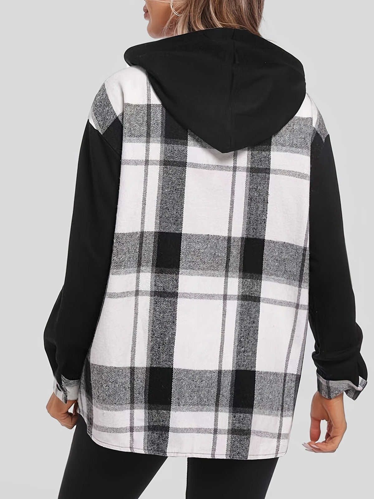 Women's Plaid Hooded Jacket, Drop Shoulder, Woven Patch Pocket, Casual Outerwear, 100% Polyester Suede/PU, Black/White, S, M, XXL