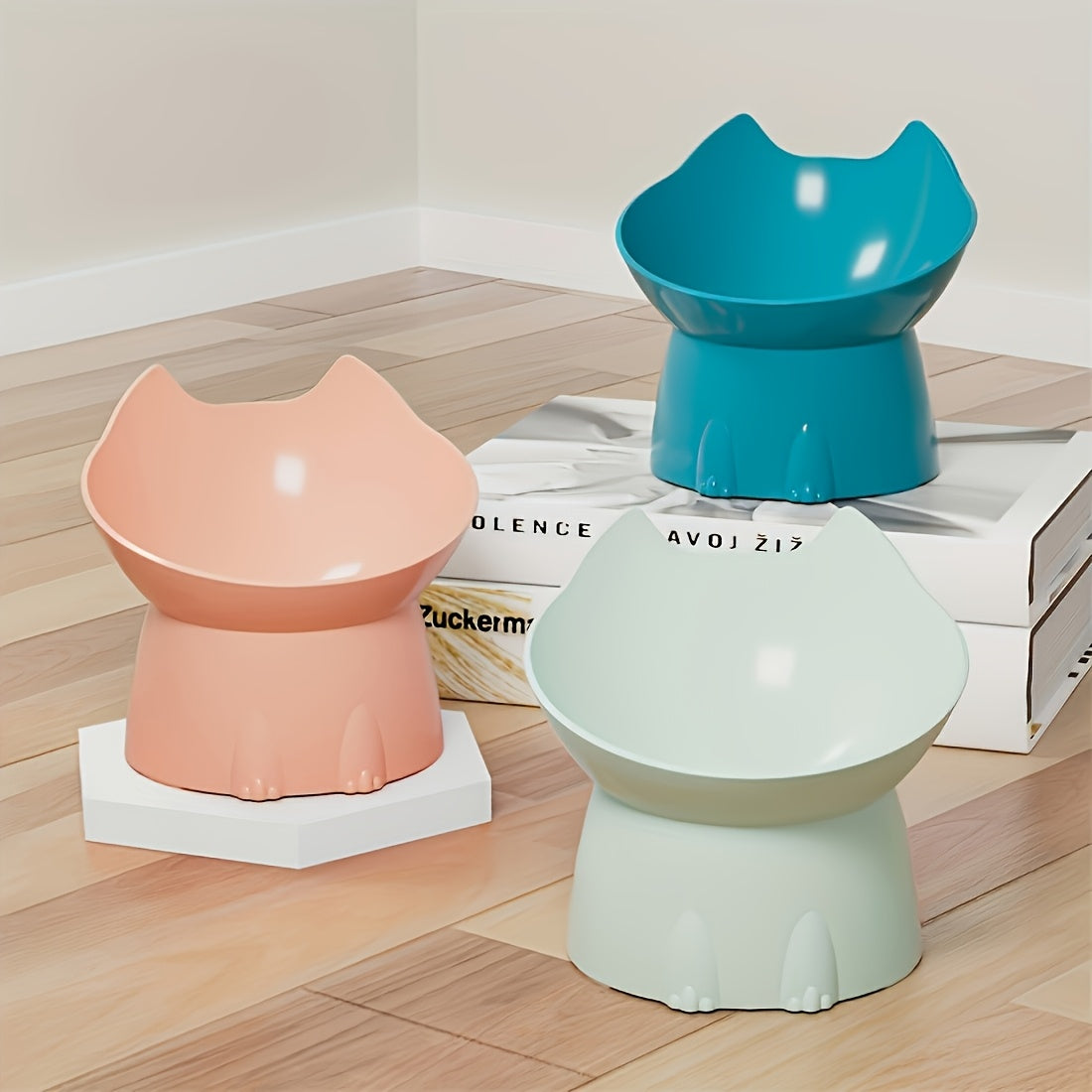 Cat Ear Elevated Cat Food Bowl Anti-Tip Design - Cute Raised Plastic PP Cat Dish for Comfortable Feeding, Playful Cat-Ear Shaped Pet Bowl for Indoor Cats