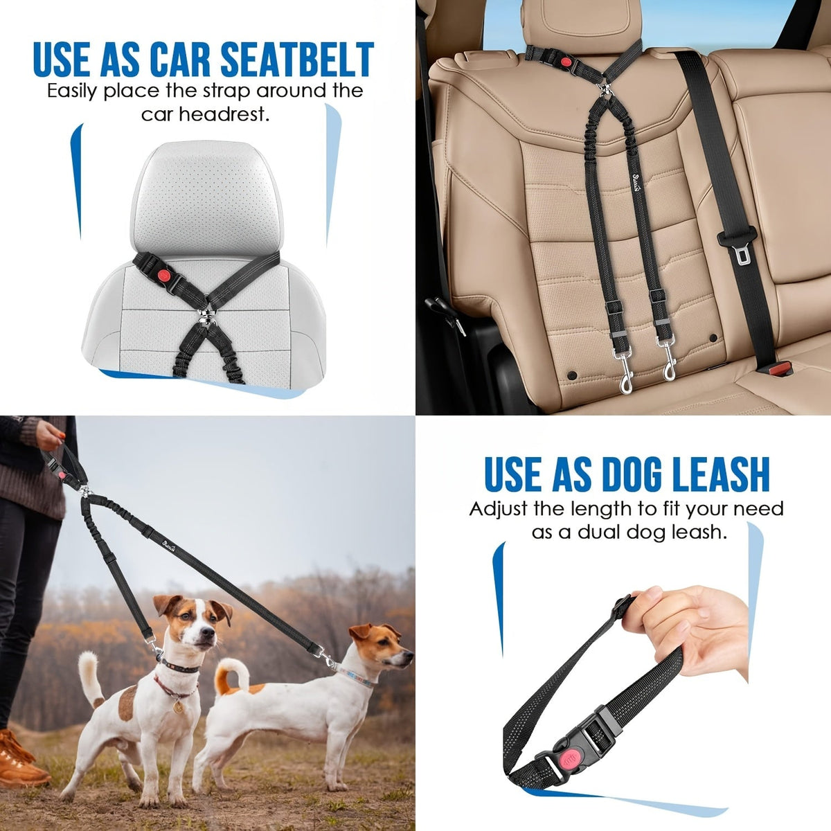 Dual Dog Car Seat Belt for 2 Dogs, No-Tangle Headrest Restraint, Adjustable Bungee Pet Safety Harness for Small, Medium, and Large Dogs for Car Travel