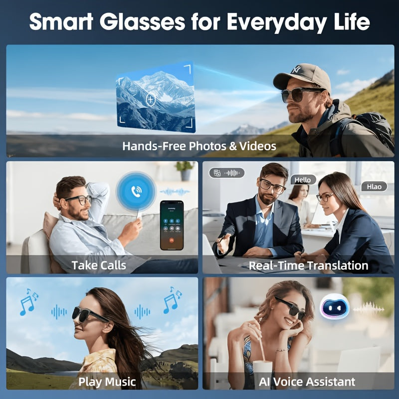 AI Smart Glasses with 8MP HD Camera, Touch Control, ChatGPT Real-Time Translation, Wireless Calling, Blue Light Protection, Dual-Mic Noise Reduction, and Photochromic Lens for Cycling, Driving, Travel, and Office Use