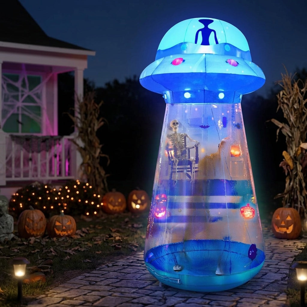 9-Foot Inflatable Halloween UFO Decoration with Color-Changing LED Lights, 4x4x9 ft, Blue Rim, Ground Stakes & Sandbags Included, Indoor Outdoor Yard Garden Party Decor