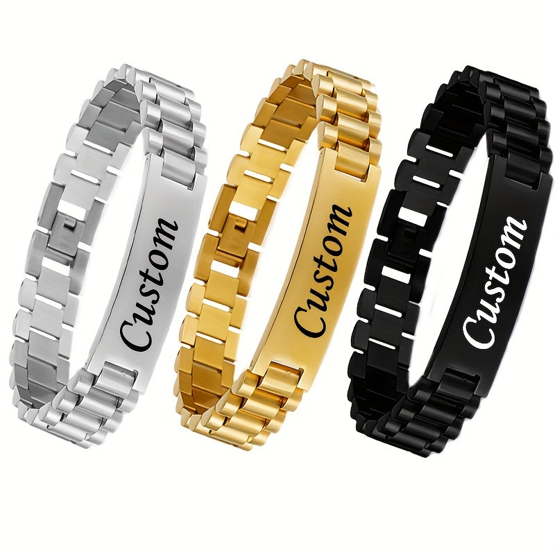 Men's Personalized Stainless Steel Bracelet – Custom Letter Engraving Punk Style, 304L Hypoallergenic Rust-Resistant Wrist Jewelry in Steel, Gold, and Black, Birthday/Father's Day Gift for Him, Boyfriend, or Dad