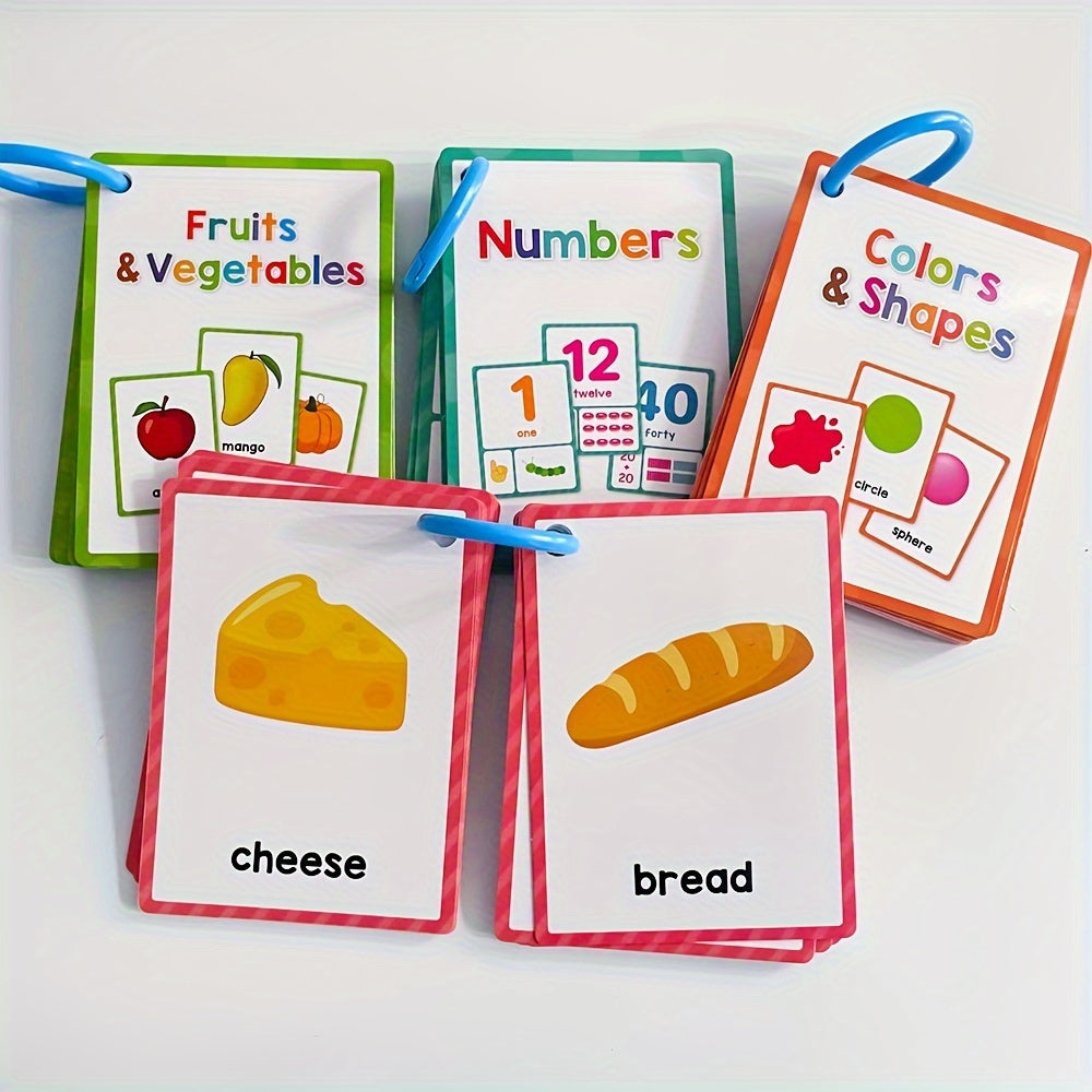 80pcs Educational Flash Cards for Kids: Numbers, Colors, Shapes, Fruits, Vegetables, Food Vocabulary with English Labels & 4 Sorting Rings - Durable Learning Flashcards for Toddlers, Preschool, Kindergarten
