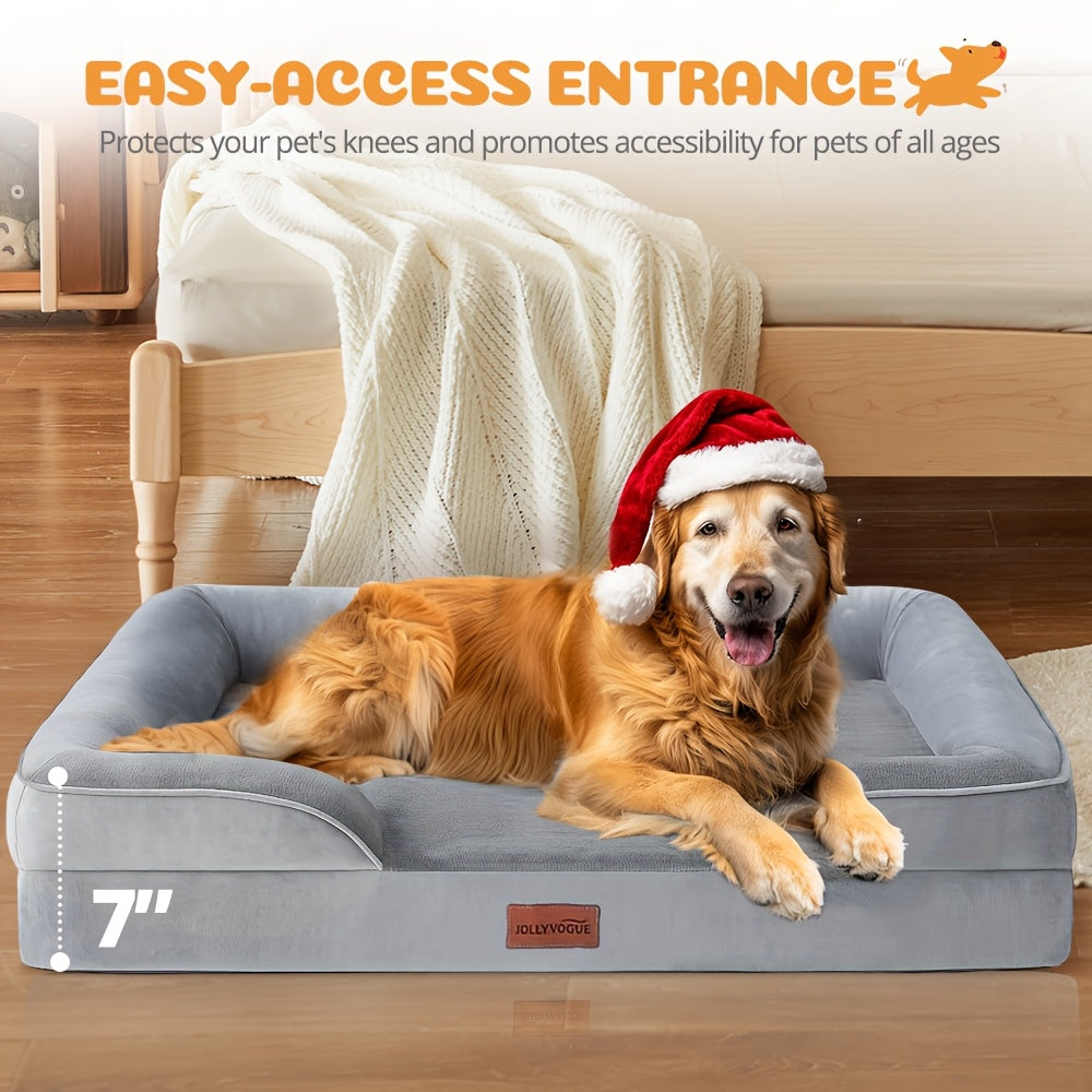 Extra Large Dog Sofa Bed, 100% Supportive Foam, 4-Sided Bolster, Removable Washable Cover, Non-Skid Bottom, Joint Support, Soft Warm Pet Couch Bed, Grey, M/L/XL/XXL, All Breeds