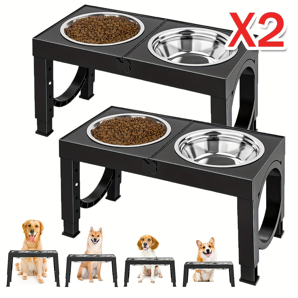 Elevated Dog Bowls Foldable Raised Feeder Stand – 2 Stainless Steel Bowls, Adjustable 5 Heights, Non-Slip, Portable Dog Food Water Bowl for Small, Medium, Large Dogs & Cats, 2-Pack