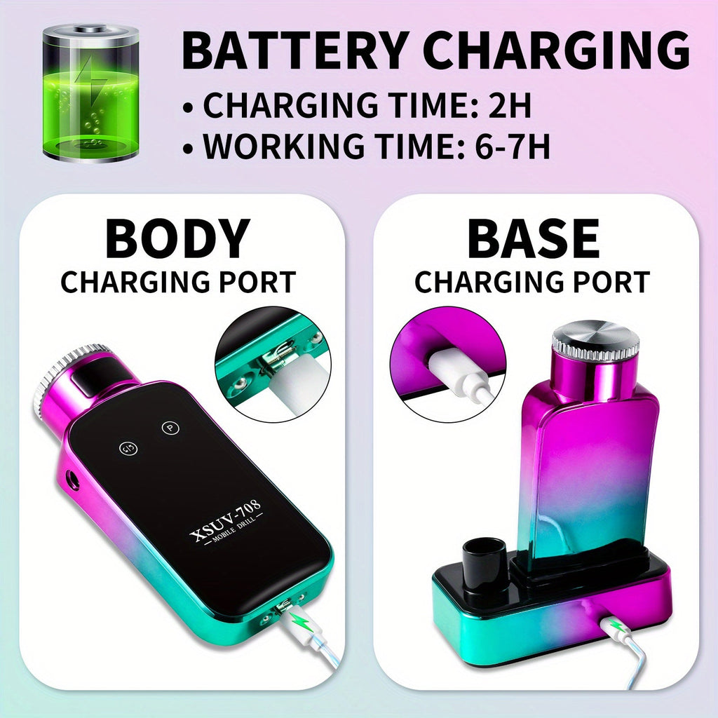 Electric Nail Drill Machine 45000RPM - Cordless Rechargeable Professional Nail File for Acrylic & Gel Nails, Manicure Pedicure Polishing & Shaping for Salon & Home Use - Pink, Gold, Purple & Green