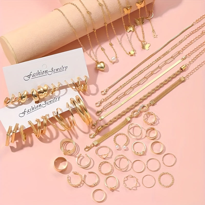 57-Piece Boho Jewelry Set for Women - Bracelets, Rings, Anklets, Earrings, Necklaces, Gold & Silver Elegant Layering Accessories for Daily Wear, Vacation, Beach, Festivals & Gifts