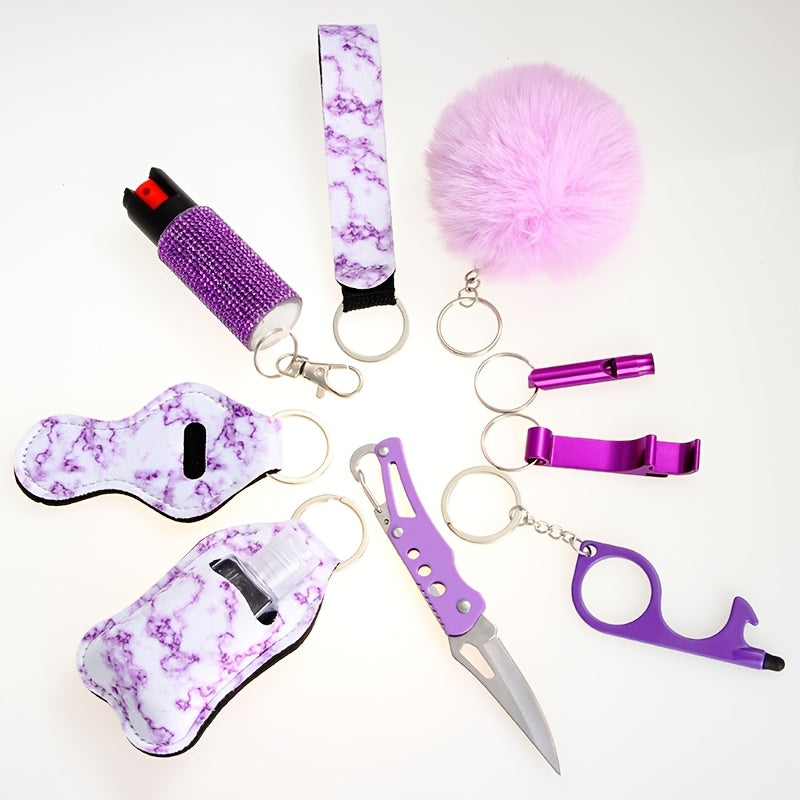 Women's Personal Safety Keychain Set with Whistle, Pocket Knife, and Spray, Compact Self-Defense Accessories for Daily Outings, Holiday, Birthday Gift, 6 Colors
