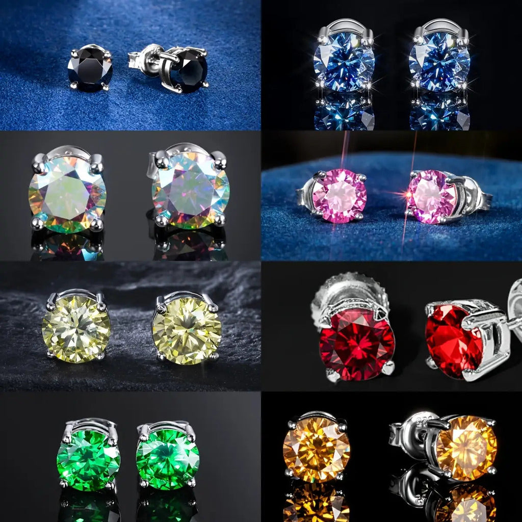 4 Pairs VVS1 Moissanite Stud Earrings Set in S925 Sterling Silver – Round Cut Colorful Studs in Champagne, Olive, Red, Pink, Green & Blue for Men & Women, Party & Daily Wear