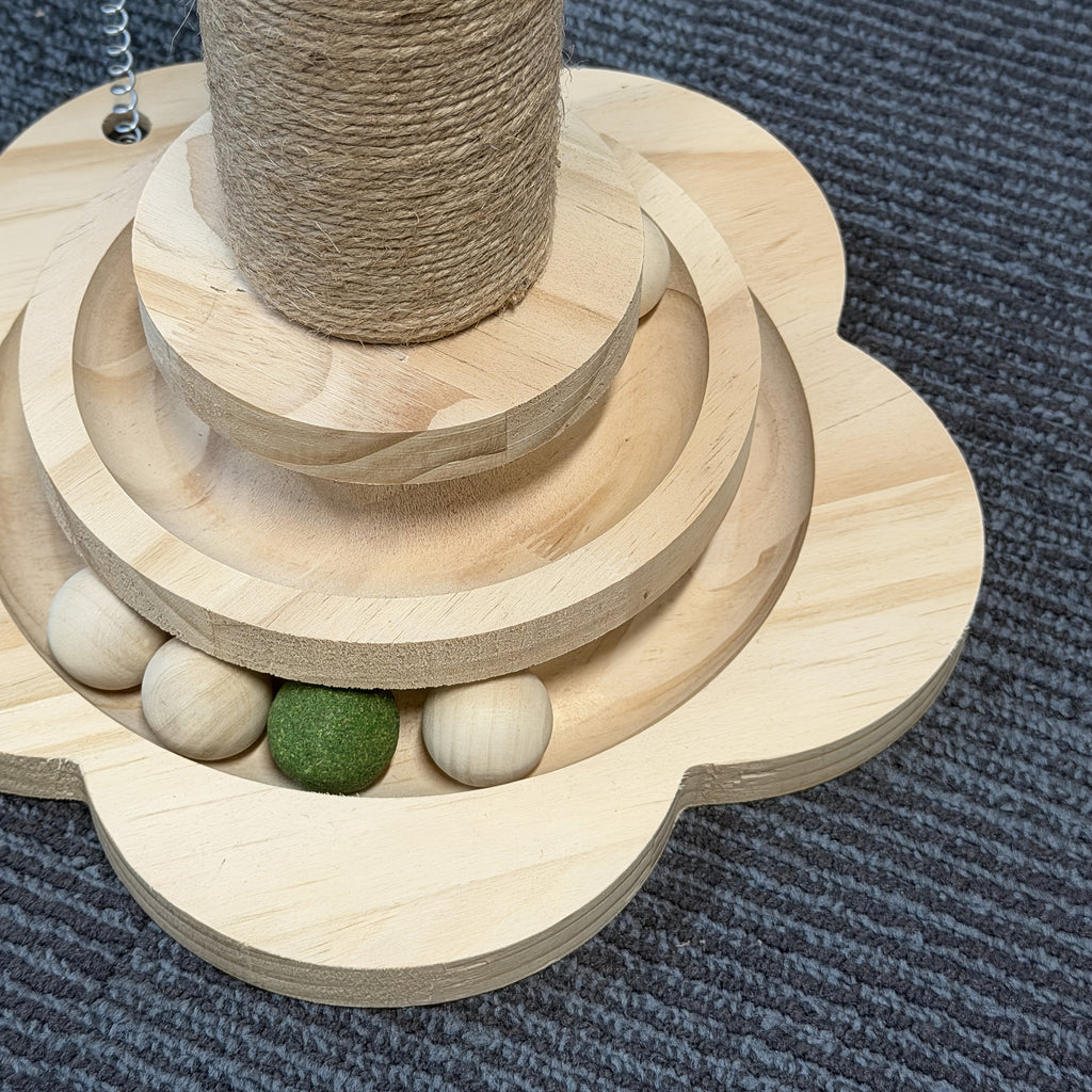 Multi-Level Cat Scratching Post Premium Sisal with 6 Wooden Toy Balls, 2 Hanging Balls, 2 Feather Teaser Toys, Non-Slip Base, Interactive Cat Tree for Indoor Cats and Kittens